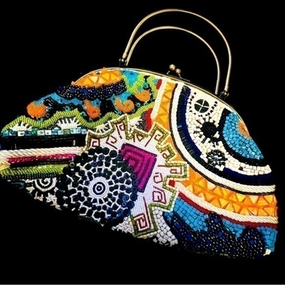 Chico’s colorful artisan beaded bag w/brass handles, satin lining. Preowned.